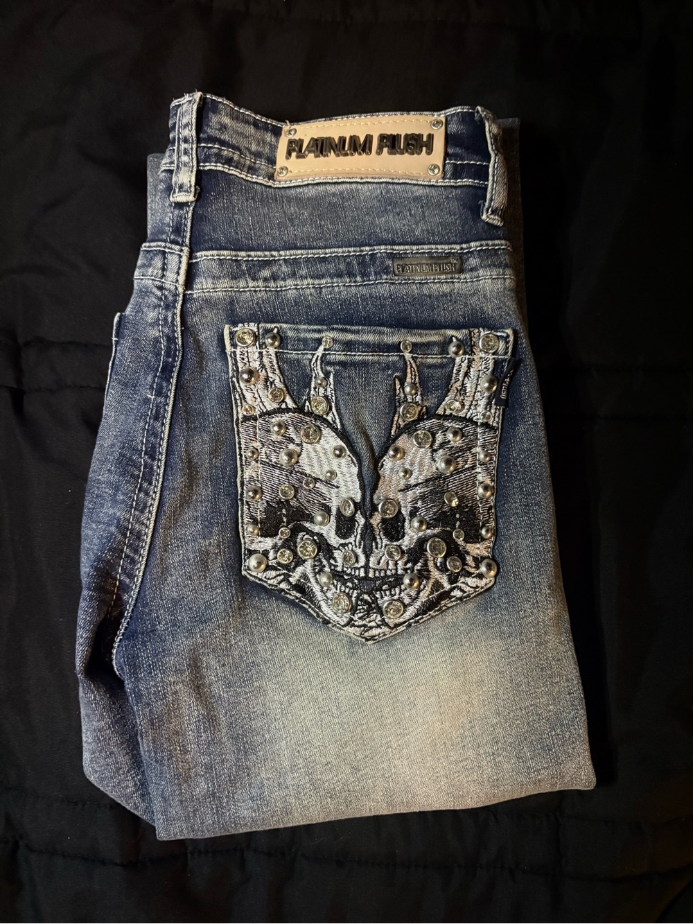 Platinum Plush Women's Blue Boot Cut Jeans with Embellished Back Pocket